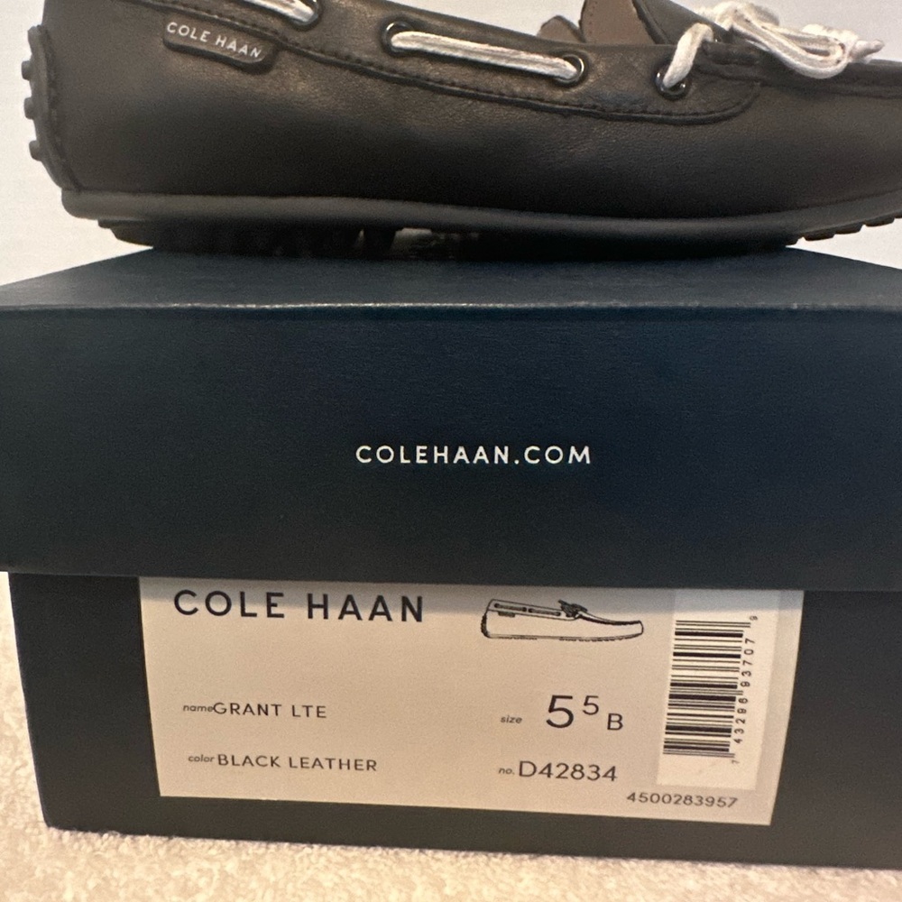 Cole Haan Black Leather Driving Loafers with Ivory Rope Ties size 5.5B, preloved - Picture 6 of 7
